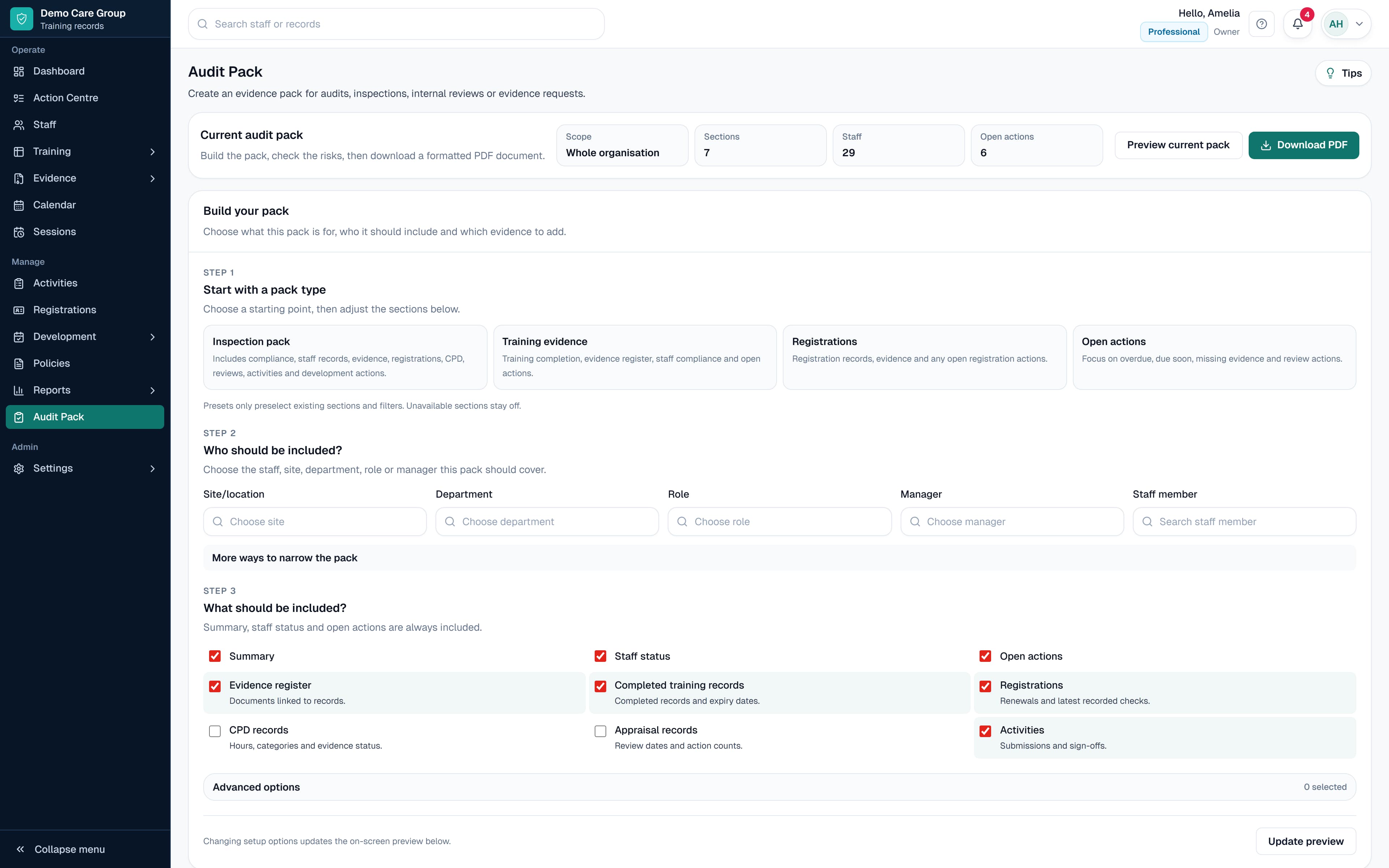 SkillProof Audit Pack preview showing staff in scope, included sections and export options.