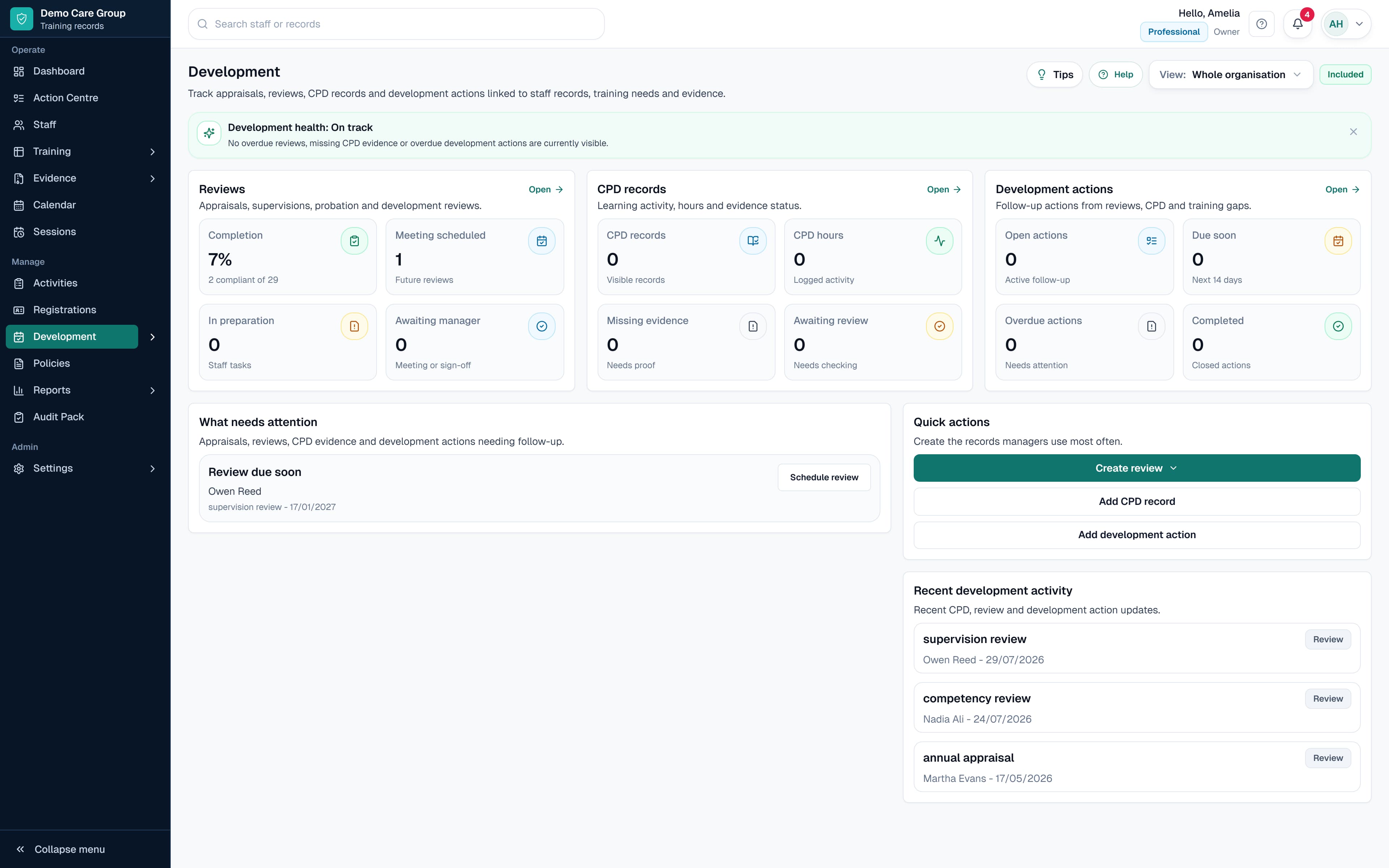 SkillProof sample workspace preview showing appraisals and CPD records using safe demo data.