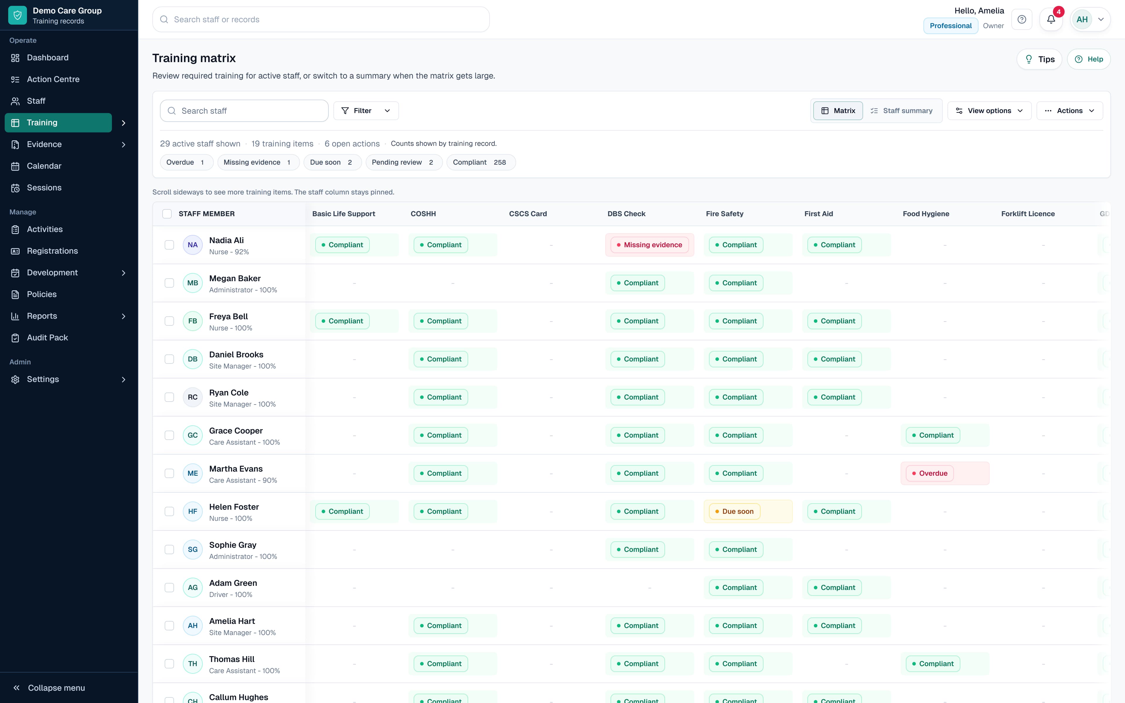 SkillProof Training Matrix showing staff training status across role requirements using safe demo data.